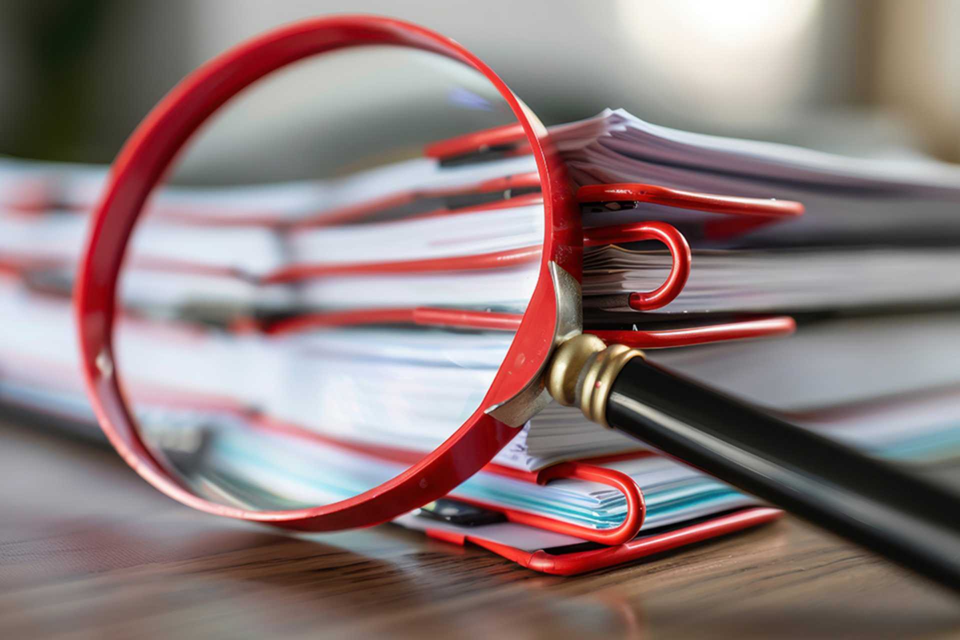 Lupe vor Dokumentenstapel